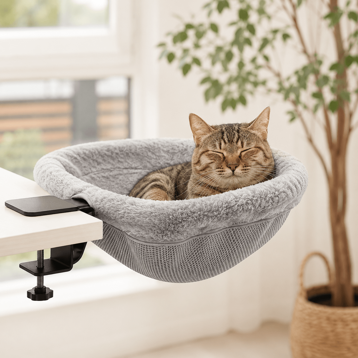 Hamac pour chat suspendu fixé à un bureau avec chat confortablement installé