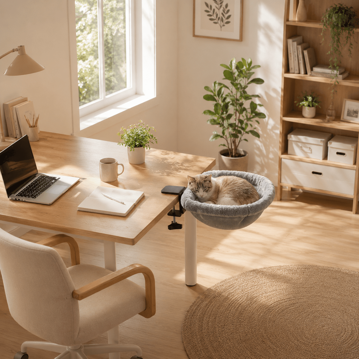 Hamac pour chat suspendu intégré dans un espace bureau lumineux et moderne