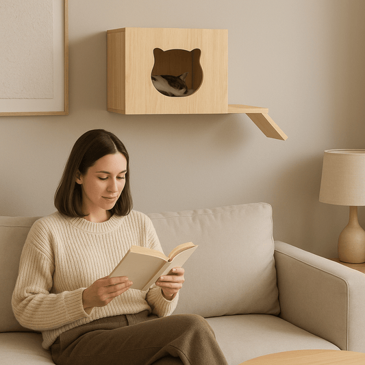 niche à chat en bois installé mur salon femme assis canapé BoxMiaou
