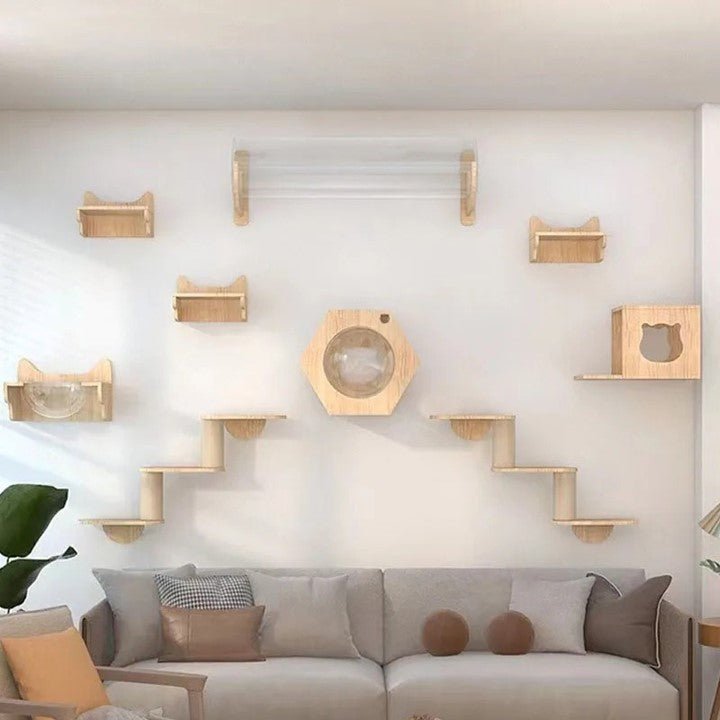 Niche à chat en bois sur mur salon BoxMiaou
