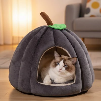 niche chat citrouille grise cocon chaud et confortable pour chat