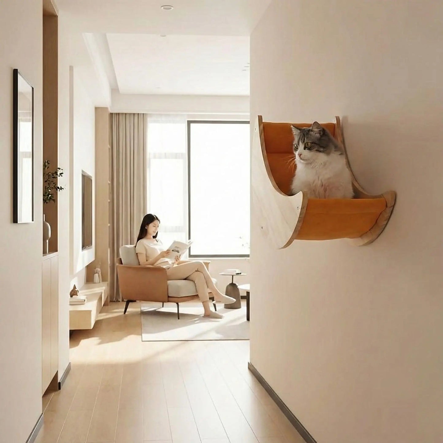 niche chat demi-lune intégration murale design