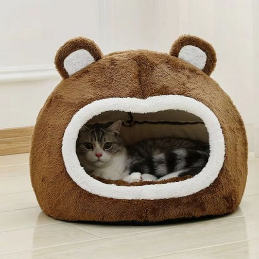 niche chat tête d'ours peluche marron confortable