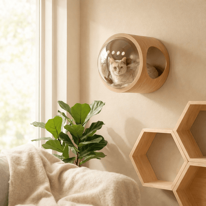 niche murale chat installée salon beige style scandinave