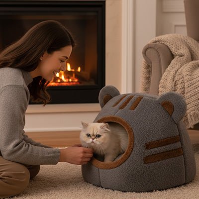 femme caresse chat dans niche pour chat cocoon ultra-douillet