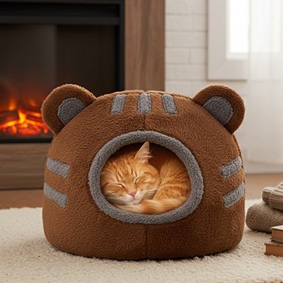 matou roux endormi dans niche pour chat brune cocoon ultra-douillet