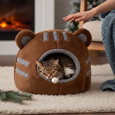 gros minet endormis paisiblement dans niche pour chat cocoon ultra-douillet