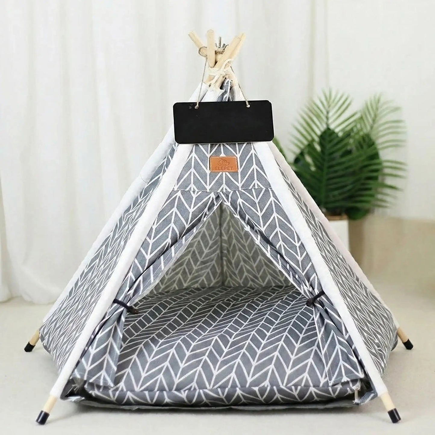 tente tipi pour chat gris motif feuilles niche confortable