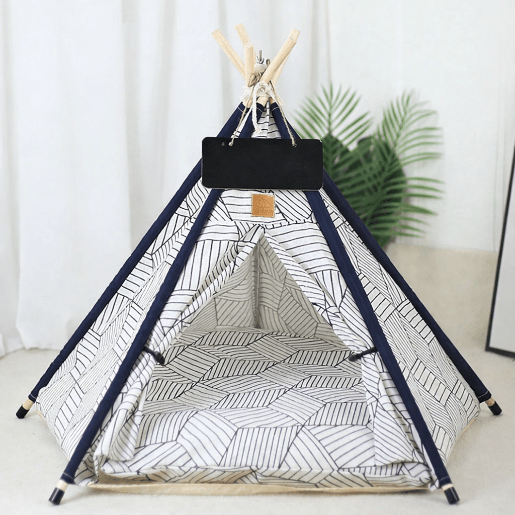 tente tipi chat motif lignes bleu blanc coussin inclus