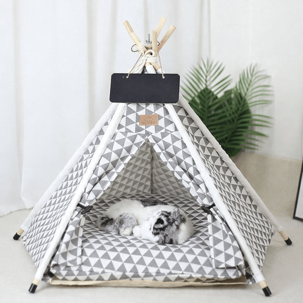 tente tipi chat motif triangles gris coussin inclus