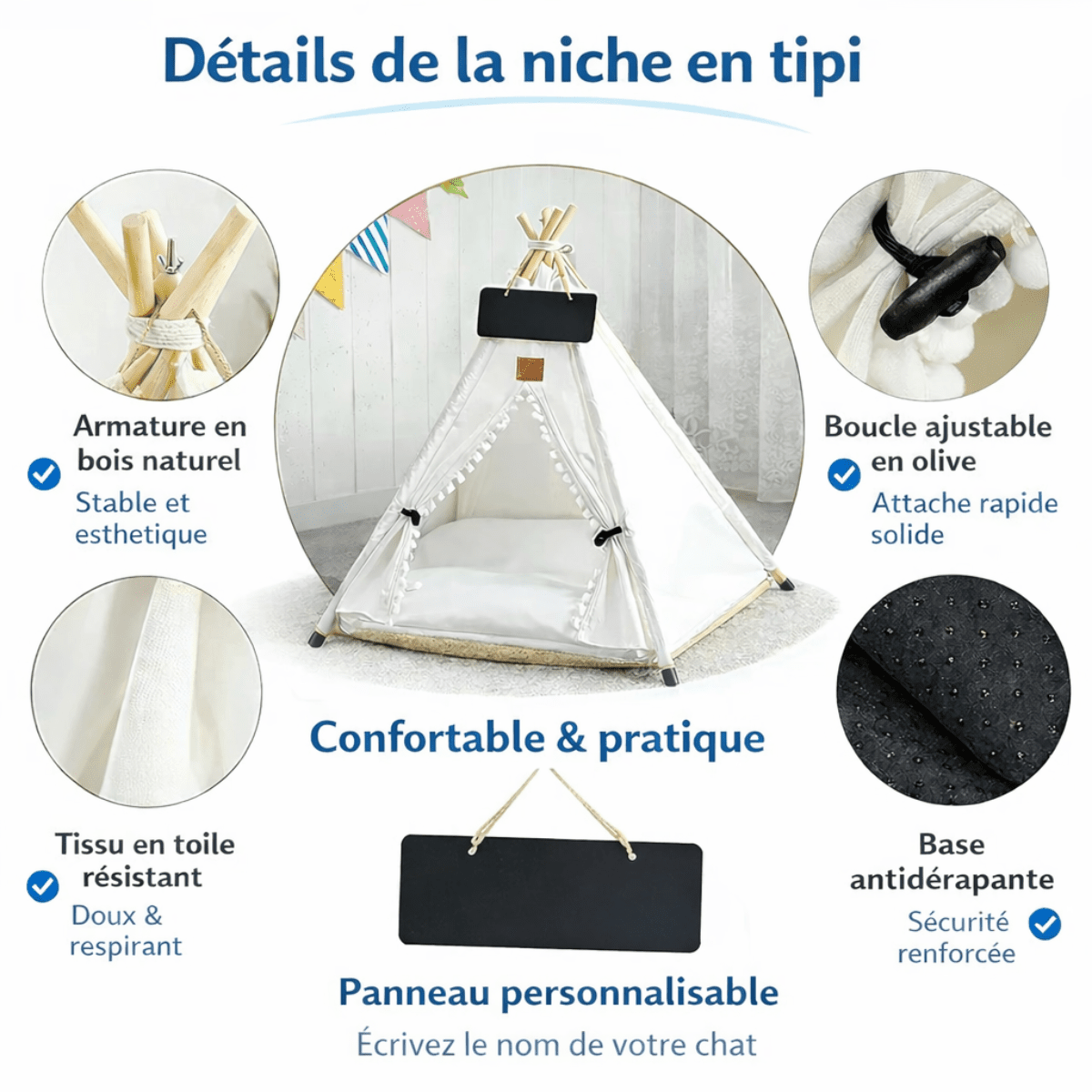 niche pour chat tipi détails structure bois base antidérapante