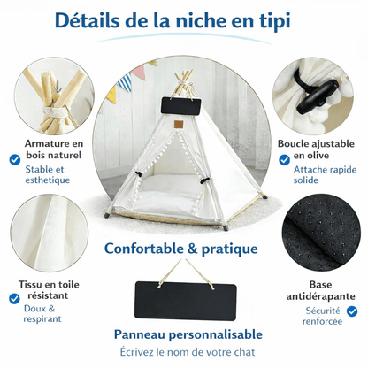 niche pour chat tipi détails structure bois base antidérapante