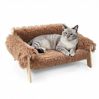 panier chat design surélevé en bois avec coussin doux et chat détendu