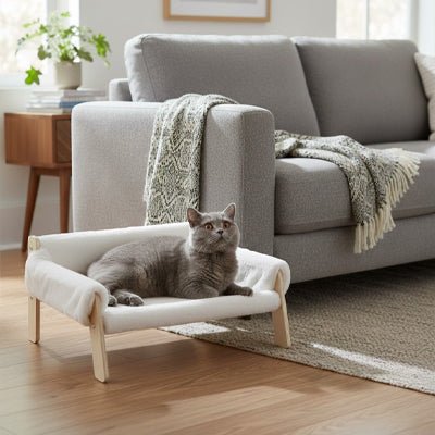 panier chat design lit suréleve en bois avec chat confortablement installé