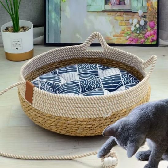 chaton gris joue avec balle panier chat osier ChaCha Cosy