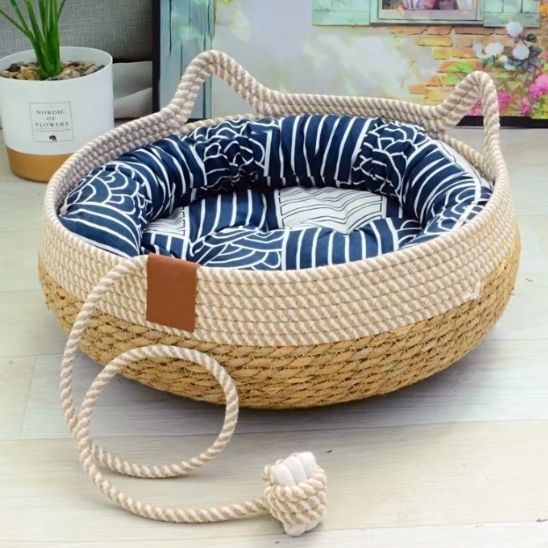 panier chat osier coussin bleu marine ChaCha Cosy