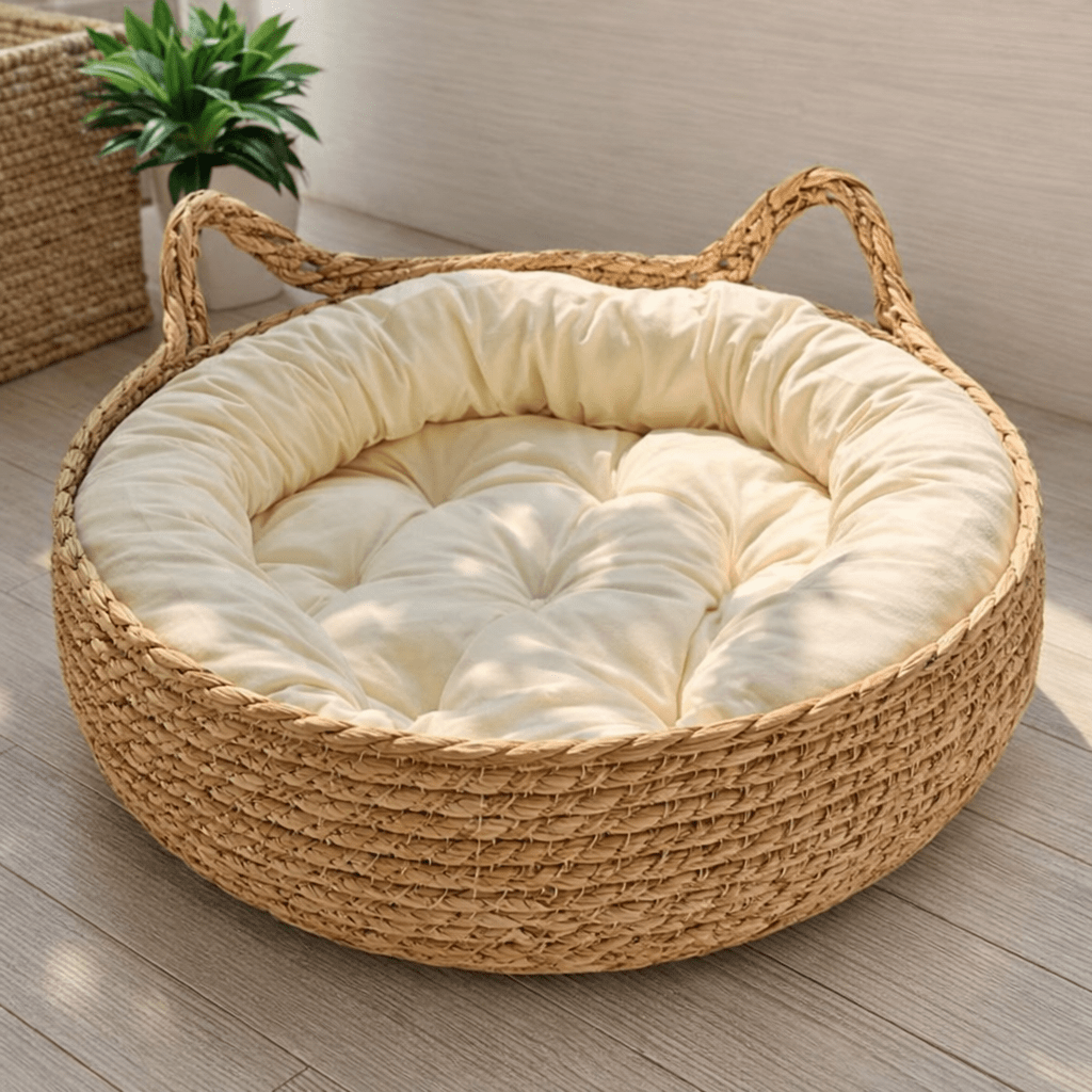 panier chat osier coussin beige moelleux