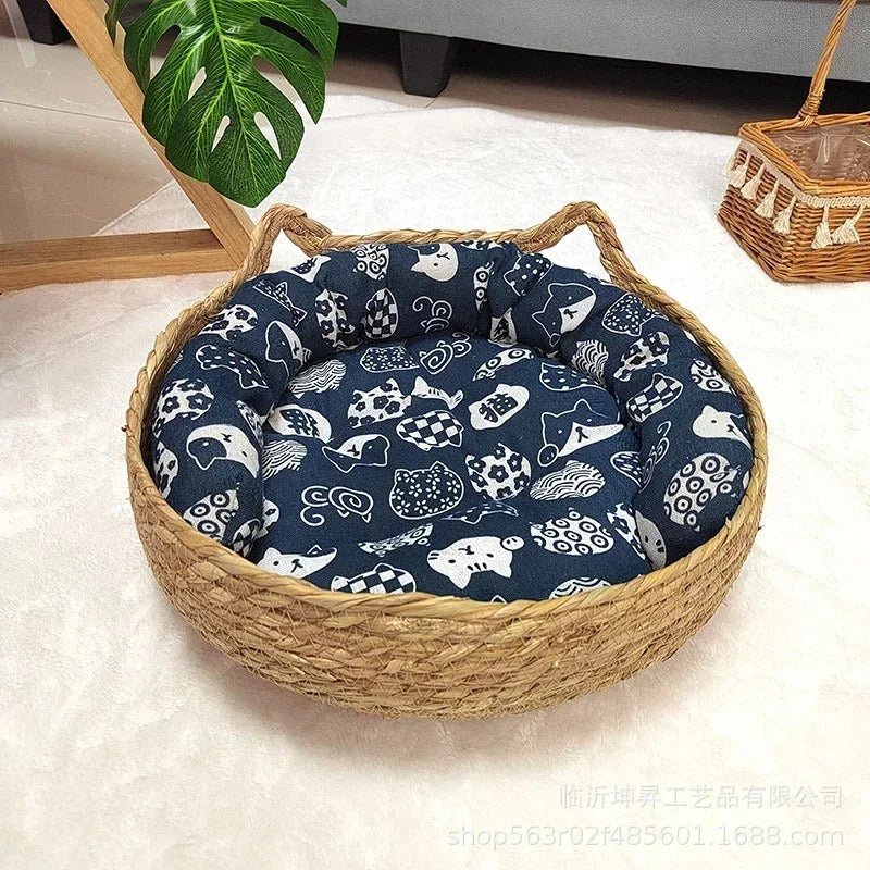 panier chat osier coussin bleu motifs