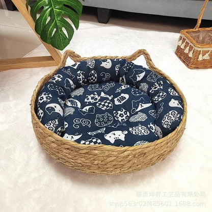 panier chat osier coussin bleu motifs