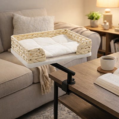 Panier suspendu pour chat dans un salon chaleureux et cocooning beige chic