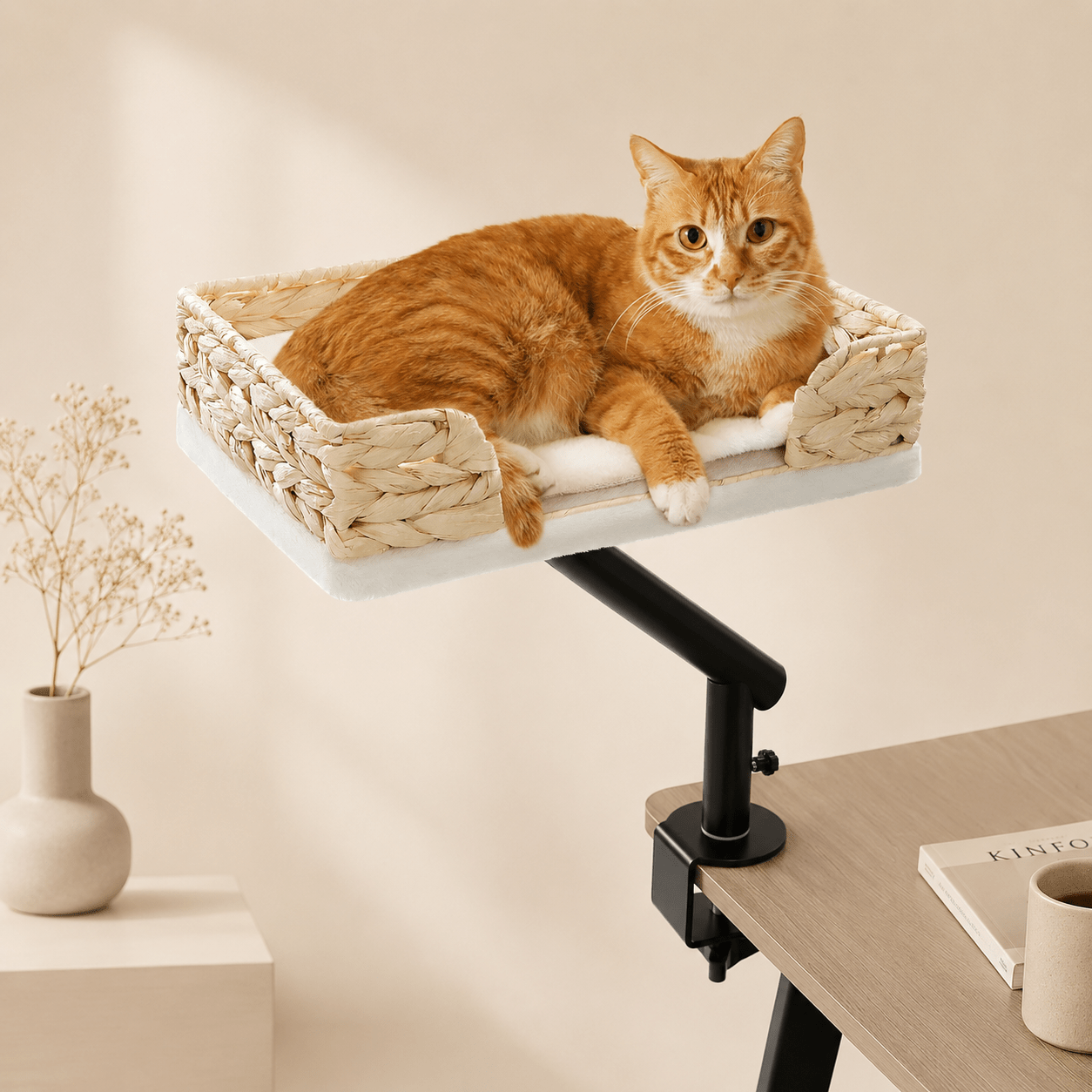 Panier design pour chat suspendu avec fixation réglable installé sur une table moderne
