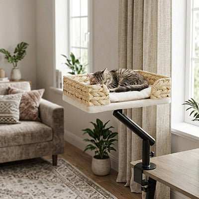Couchage suspendu pour chat installé près d’une fenêtre lumineuse dans un salon chaleureux