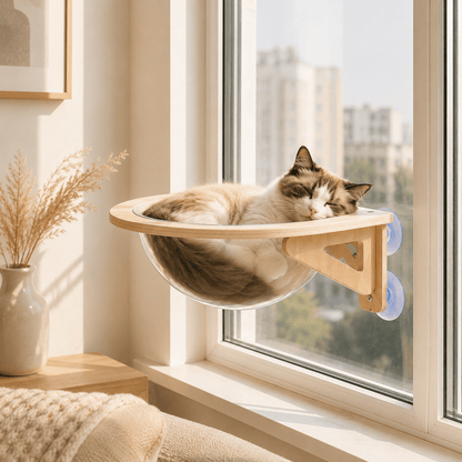 panier mural chat installé sur une fenêtre dans un décor beige chic avec chat couché