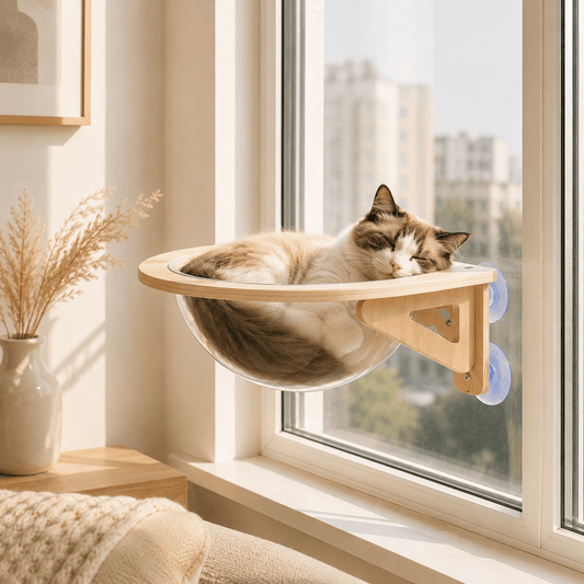 panier mural chat installé sur une fenêtre dans un décor beige chic avec chat couché