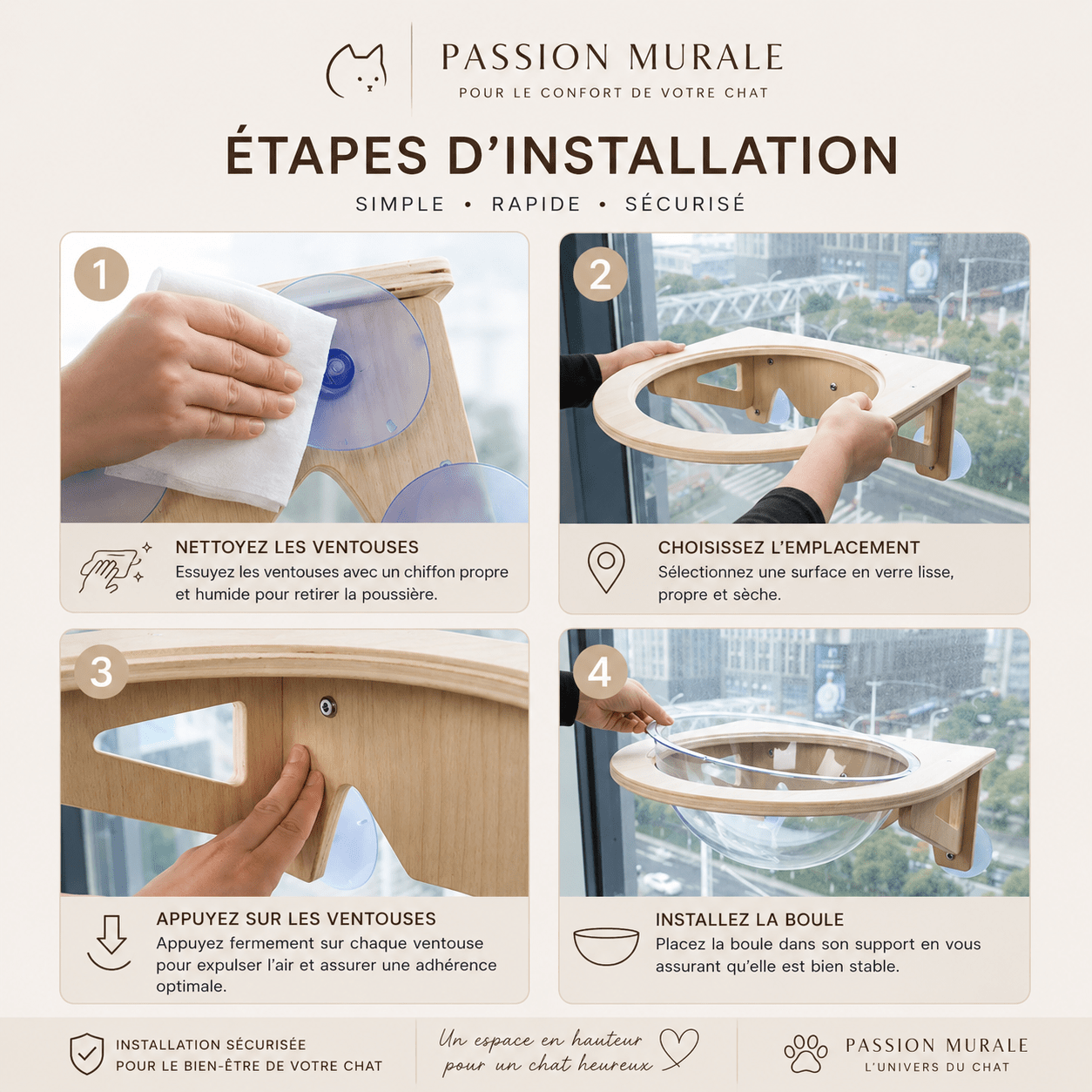 étapes installation panier mural chat avec fixation ventouses