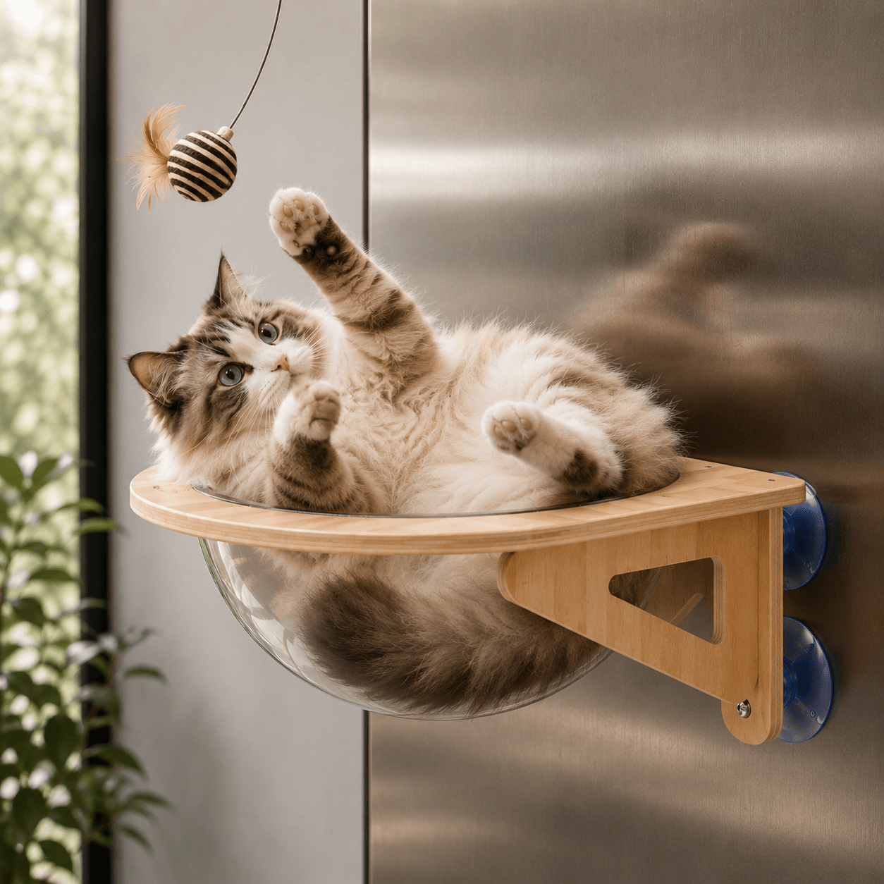 chat qui joue dans un panier mural chat fixé sur un mur métalique