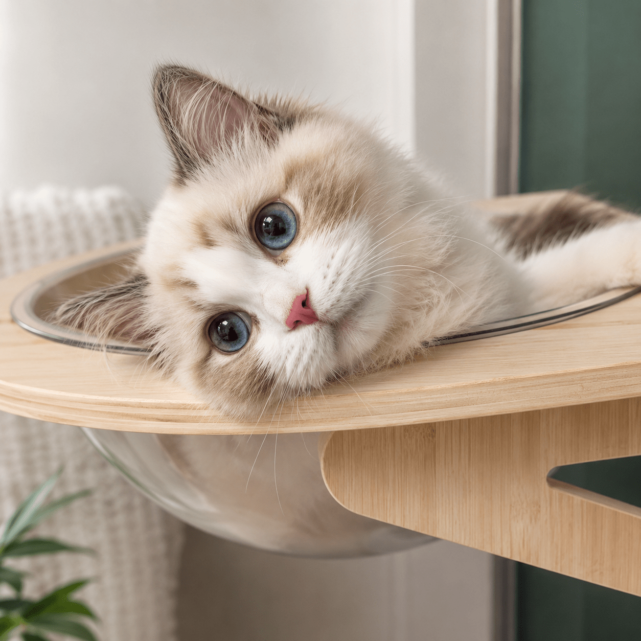 chaton allongé dans un panier mural chat transparent