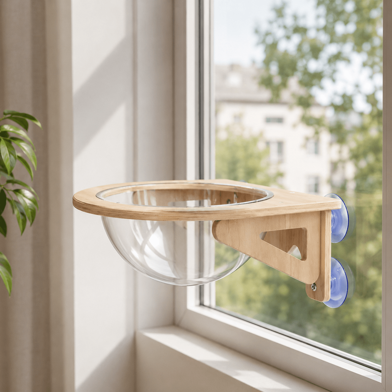 panier mural chat en bois naturel avec fixation ventouses