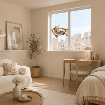 panier mural chat installé dans une chambre beige minimaliste