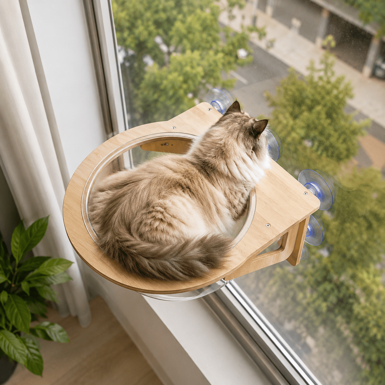 vue de haut panier mural chat installé sur fenêtre avec chat observant extérieur