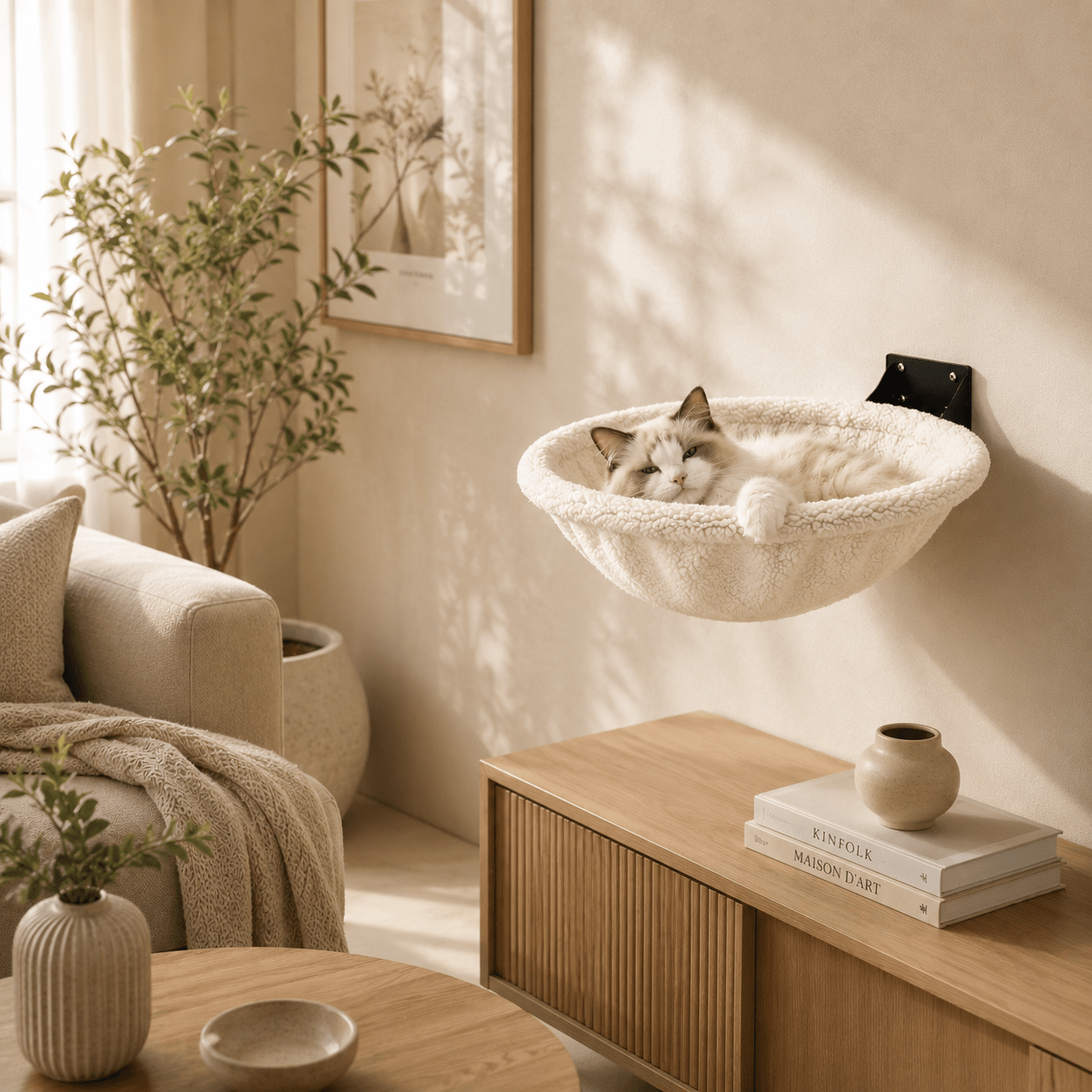 panier mural chat dans un salon beige chic moderne