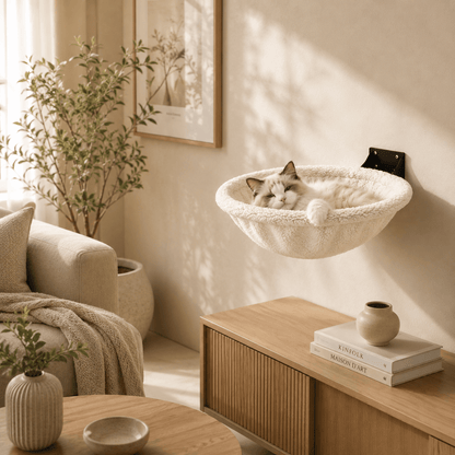 panier mural chat dans un salon beige chic moderne