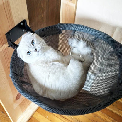 chat blanc installé confortablement dans un panier mural chat
