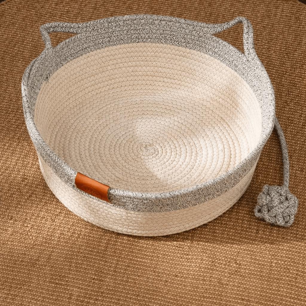panier pour chat en rotin gris et écru