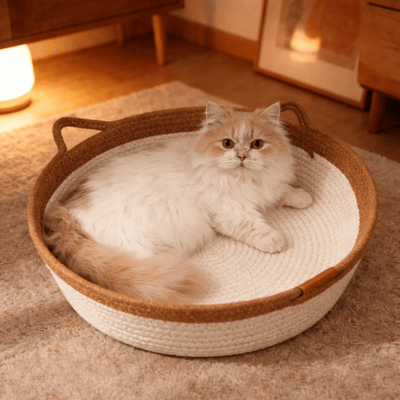 panier pour chat en rotin avec chat roux dans nid naturel