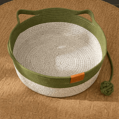 panier pour chat en rotin vert olive et écru