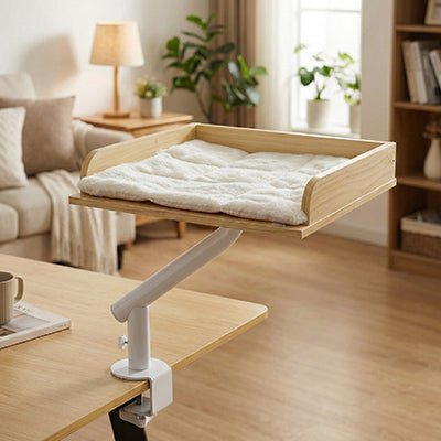 panier suspendu pour chat en bois clair avec fixation réglable