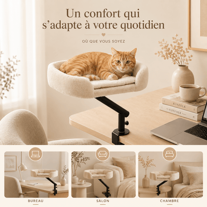panier suspendu pour chat installé sur un bureau dans un intérieur beige chic