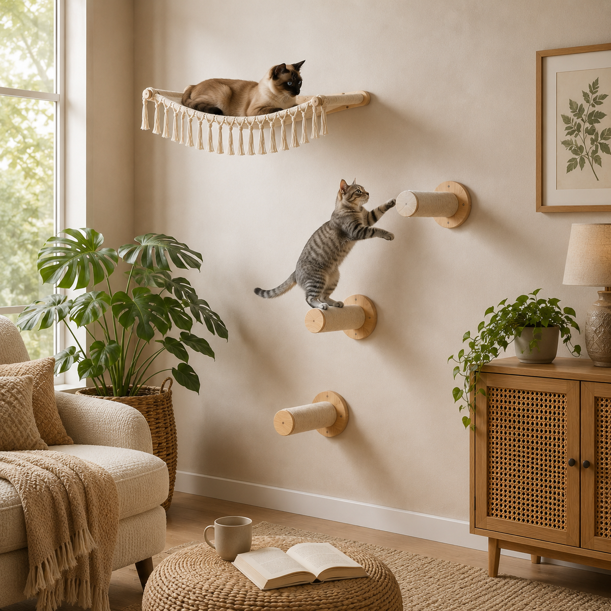 Parcours mural pour chat avec hamac en hauteur et marches en sisal