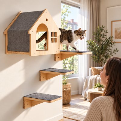 Chat avançant sur un perchoir mural près de sa niche en bois