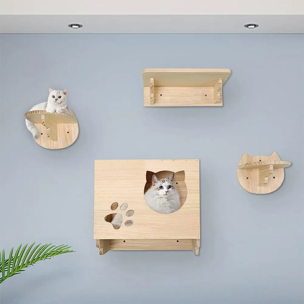 perchoirs niche mural bois naturel chat assis dedans niche