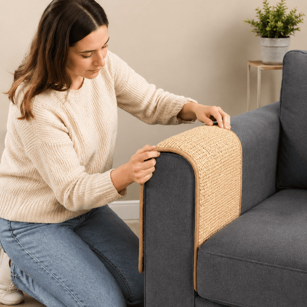 Protection canapé Chat - installation du tapis en sisal sur un accoudoir