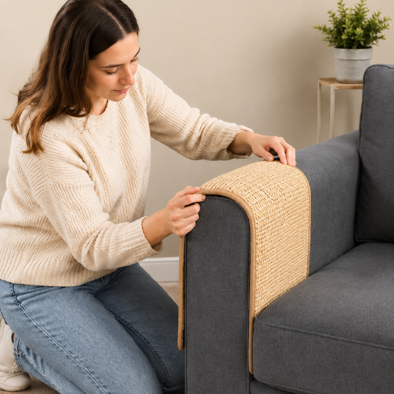 Protection canapé Chat - installation du tapis en sisal sur un accoudoir