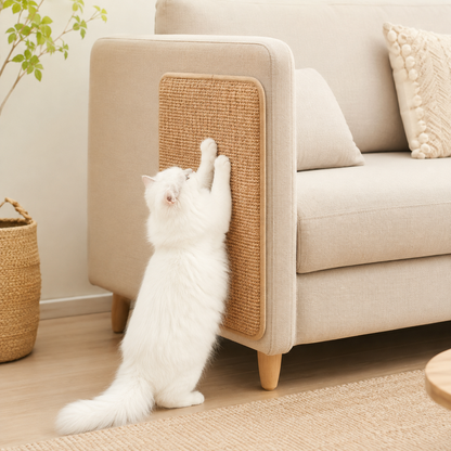 Protection canapé Chat - griffoir en sisal installé sur accoudoir beige avec chat