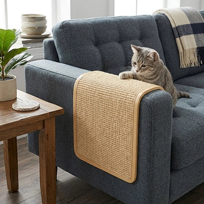 Protection canapé Chat - protection en sisal installée sur accoudoir de canapé moderne