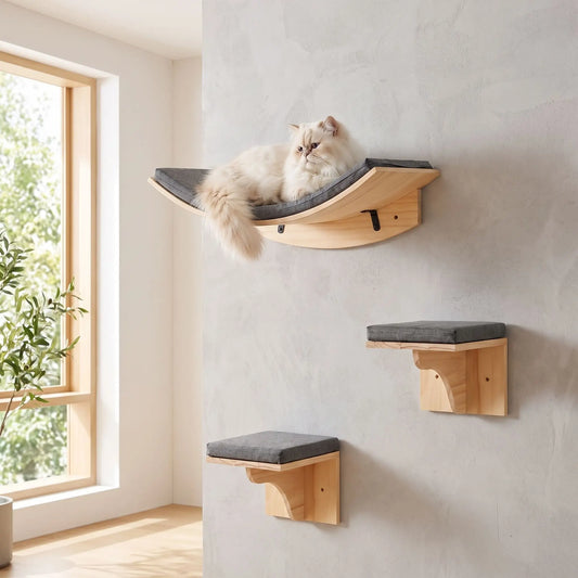 Arbre à chat mural bois avec hamac et deux perchoirs
